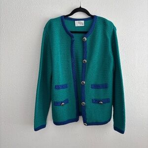 Miss Pendleton Vintage 100 % Virgin Wool Green W/ Blue Trim Cardigan